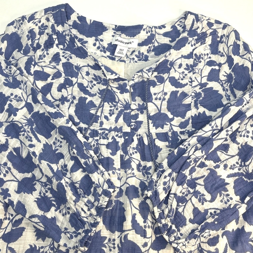 Studio Park Size XST blu Floral Print Blouse 3/4 Sleeve Lined Xsmall Tall Pocket - Picture 8 of 10